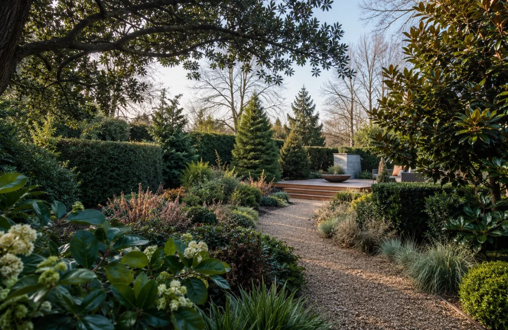 jardin vert avec arbuste persistant